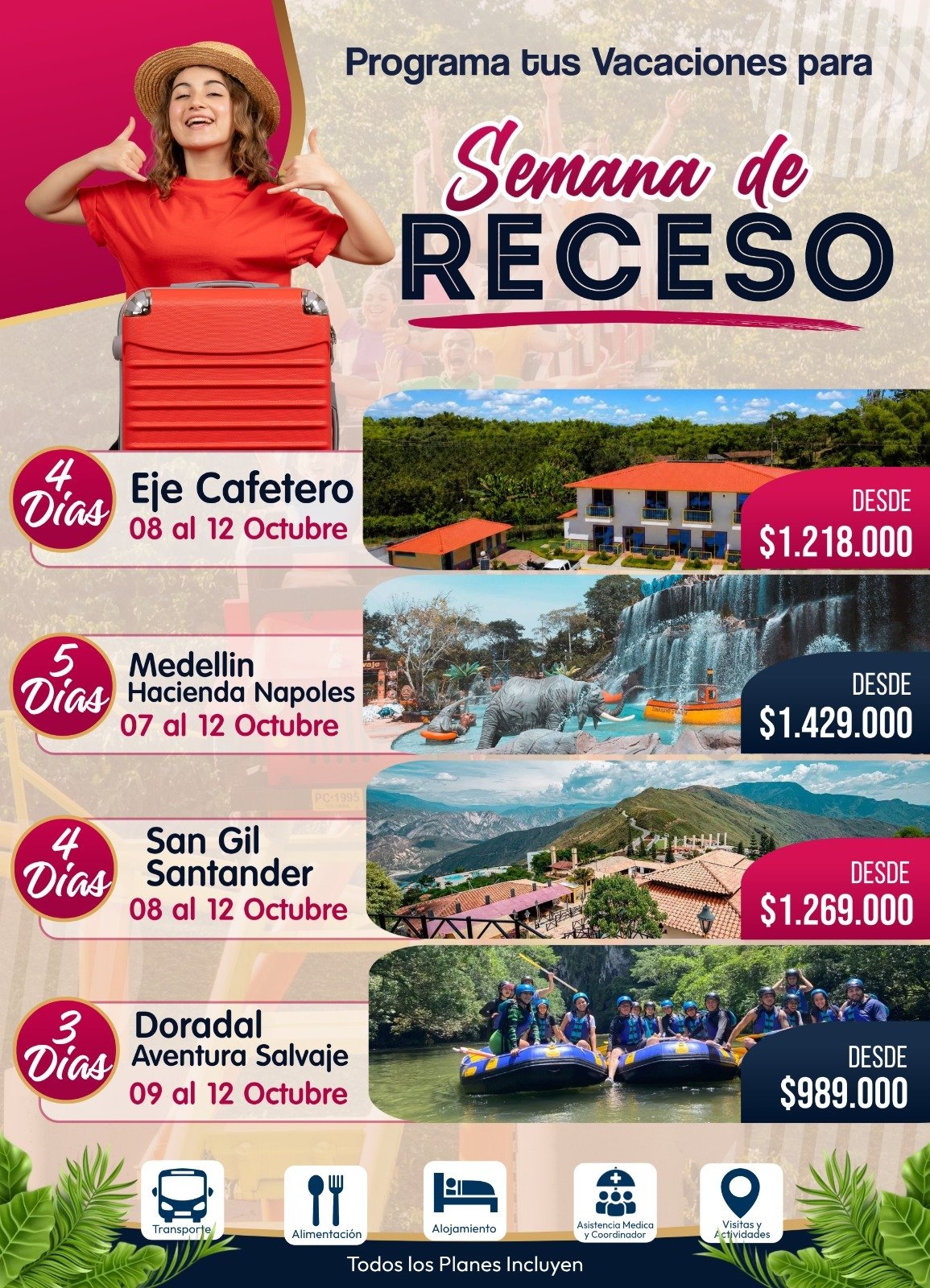 Semana de Receso: Eje Cafetero, Medellín Hacienda Nápoles, San Gil y Doradal